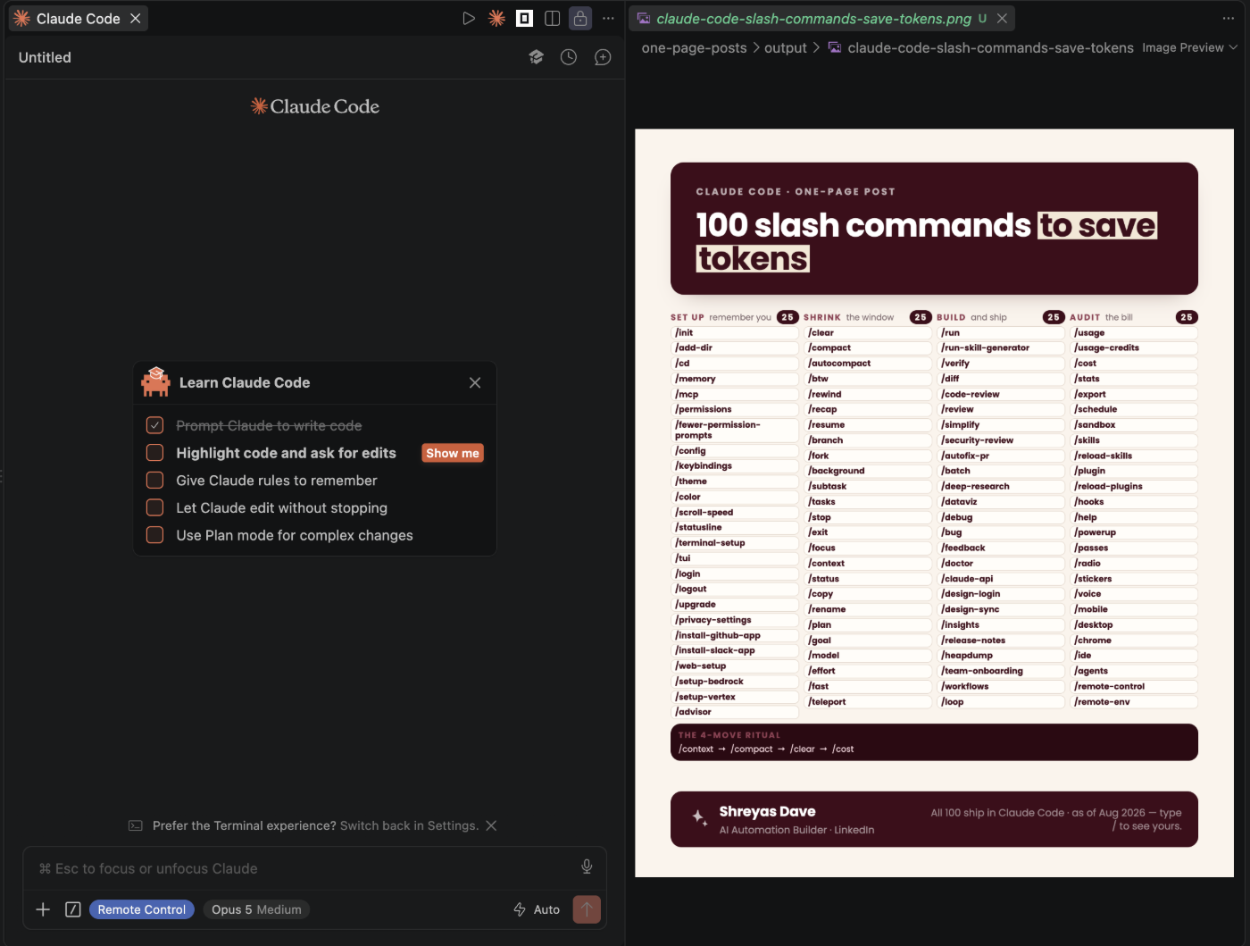 A finished one-page post open beside the Claude Code panel that produced it. The post is headed 100 slash commands to save tokens and lays out four labelled columns of command names on a warm ivory background, with a ritual strip along the bottom and the author's name and role in a maroon footer bar.